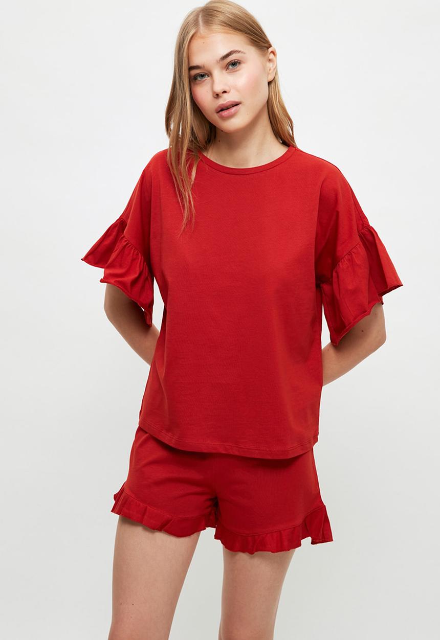 Trendyol - Frilly sleeves knitted pajamas set - red