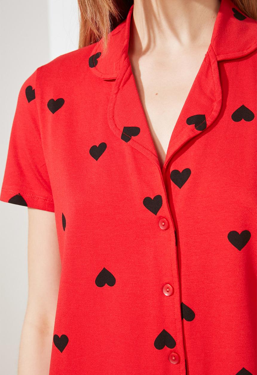 Trendyol - Heart patterned knitted pajamas set - red & black