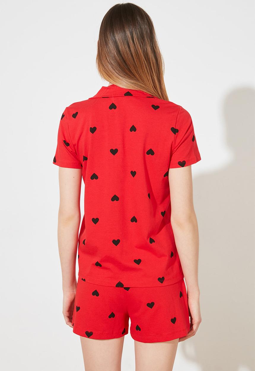 Trendyol - Heart patterned knitted pajamas set - red & black