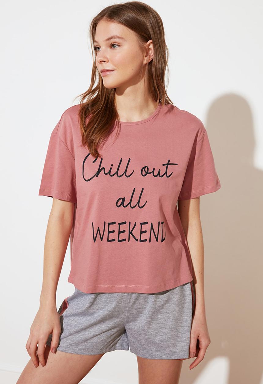 Trendyol - Printed knitted pajamas set - pink & grey 