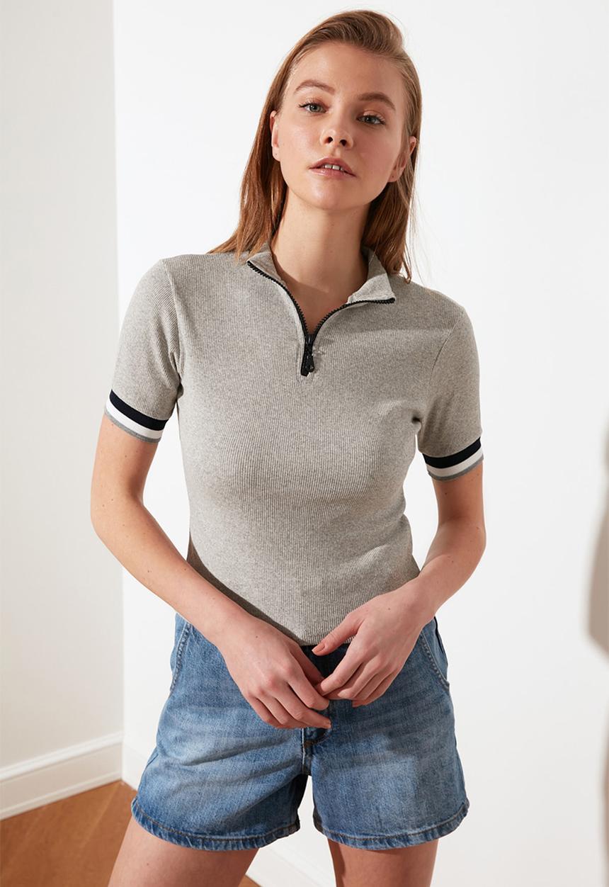 Trendyol - Zipper corduroy knitted blouse - grey