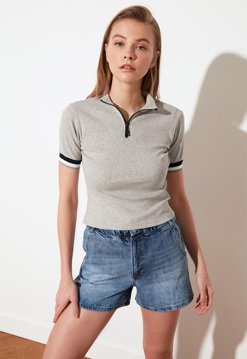 Trendyol - Zipper corduroy knitted blouse - grey