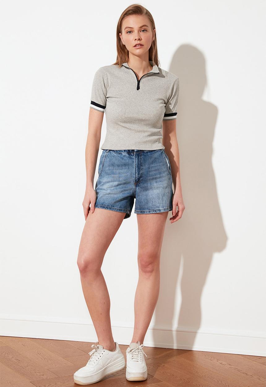 Trendyol - Zipper corduroy knitted blouse - grey