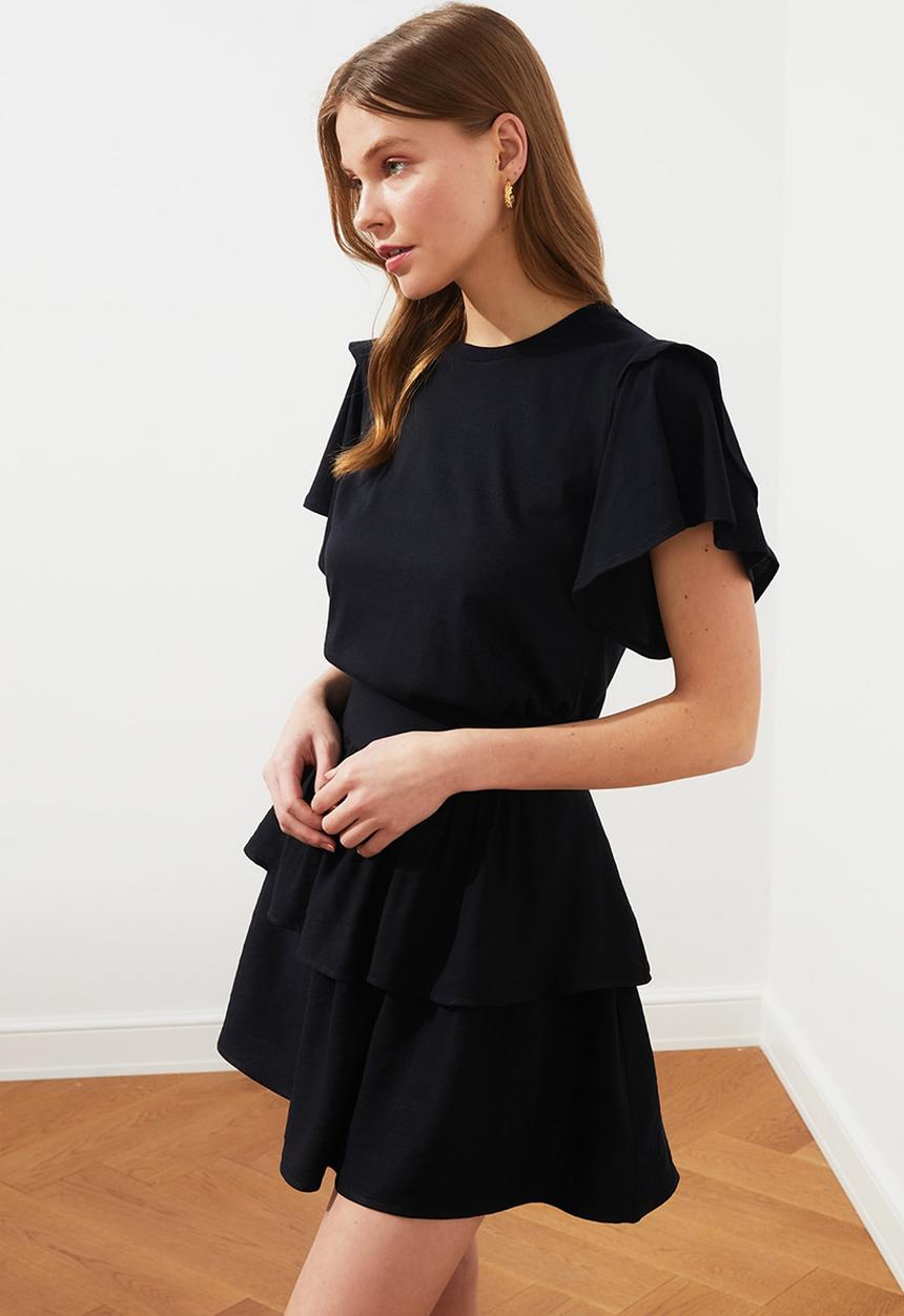 Trendyol - Ruffle basic knitted t-shirt - black