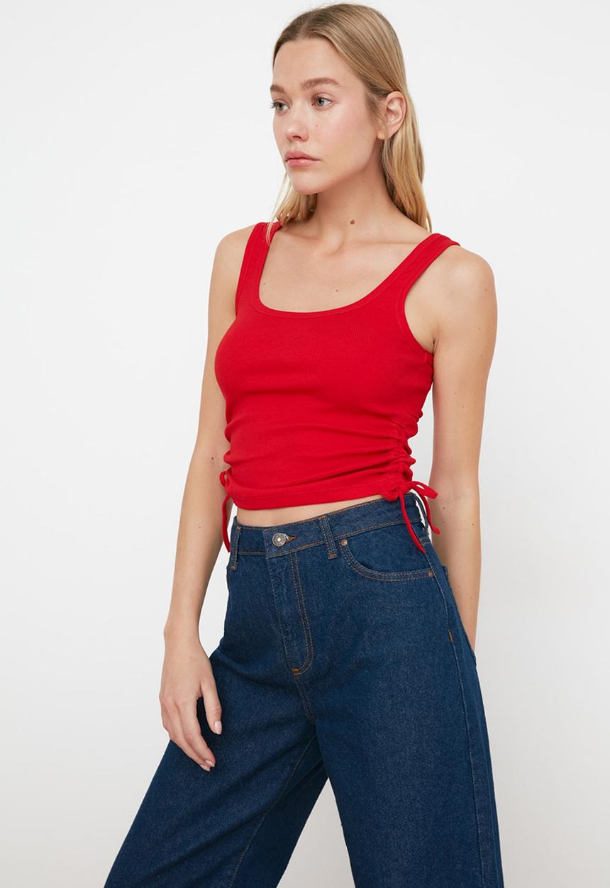 Trendyol - Ruffle detailed corduroy knitted singlet - red