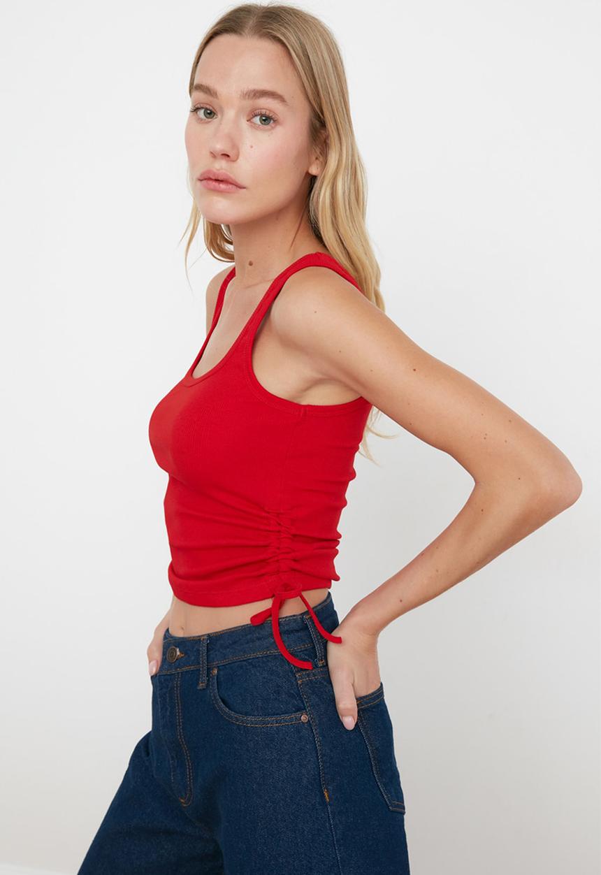 Trendyol - Ruffle detailed corduroy knitted singlet - red