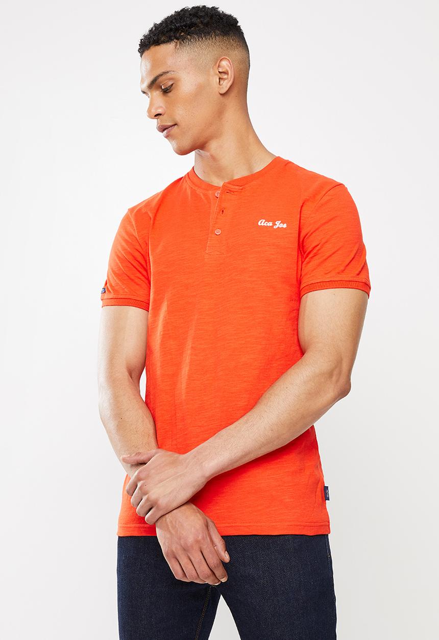 Aca Joe - Grandpa collar flock print henley - tangerine