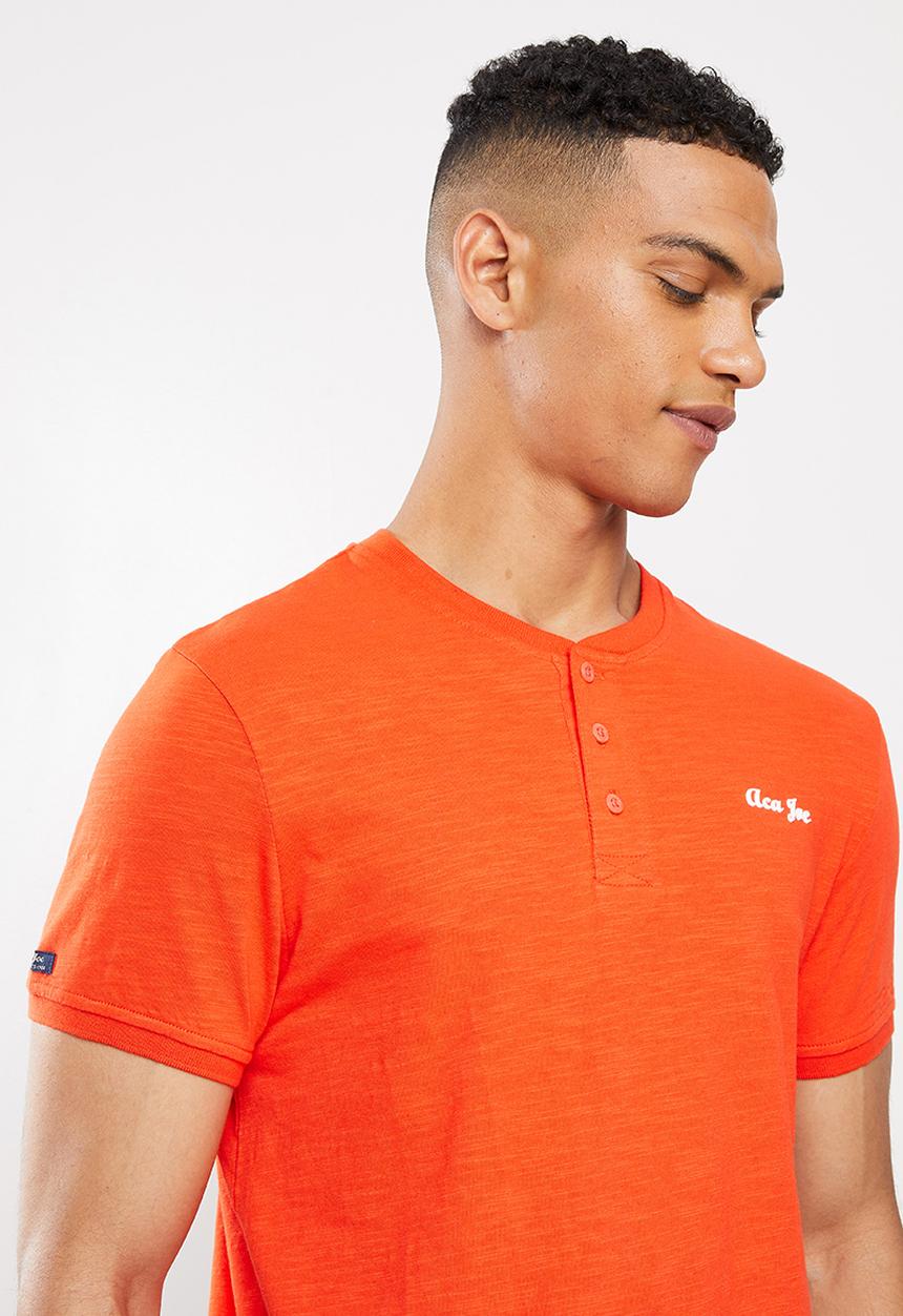 Aca Joe - Grandpa collar flock print henley - tangerine