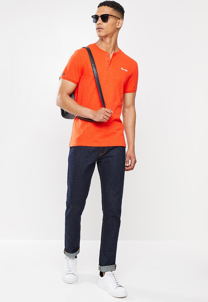 Aca Joe - Grandpa collar flock print henley - tangerine