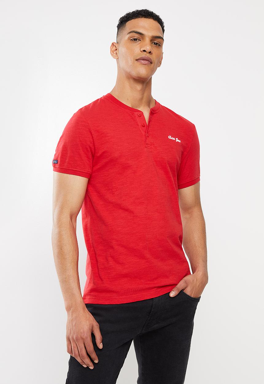 Aca Joe - Grandpa collar flock print henley - red