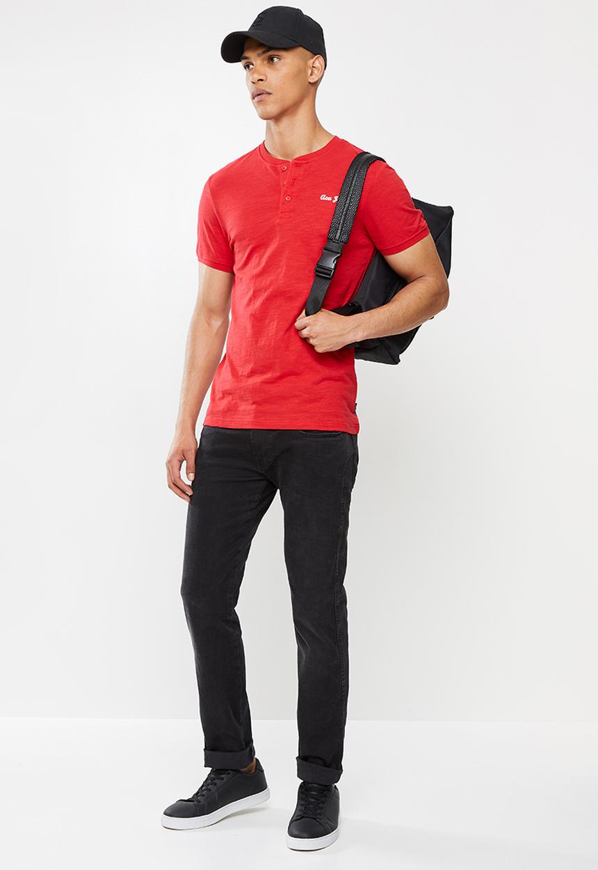 Aca Joe - Grandpa collar flock print henley - red