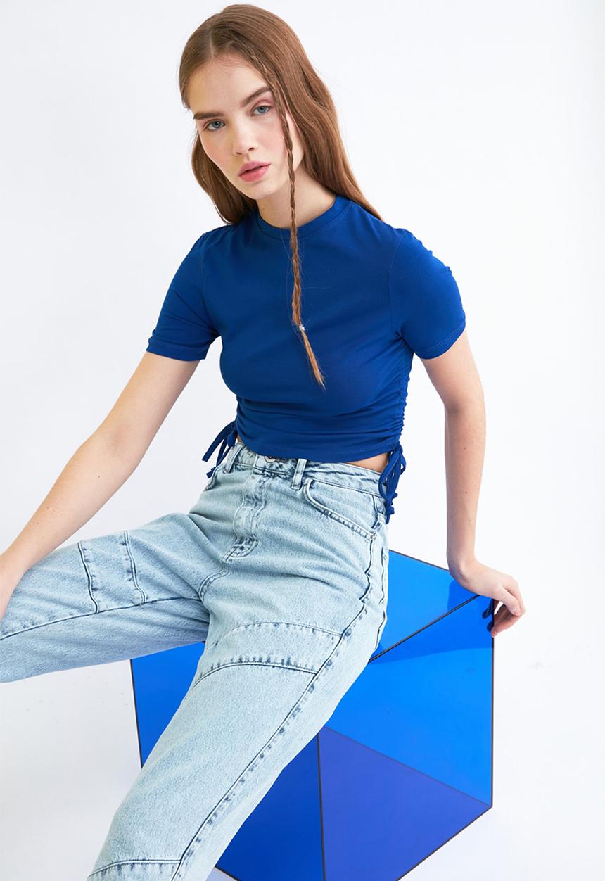 Trendyol - Pleated knitted crop top - blue