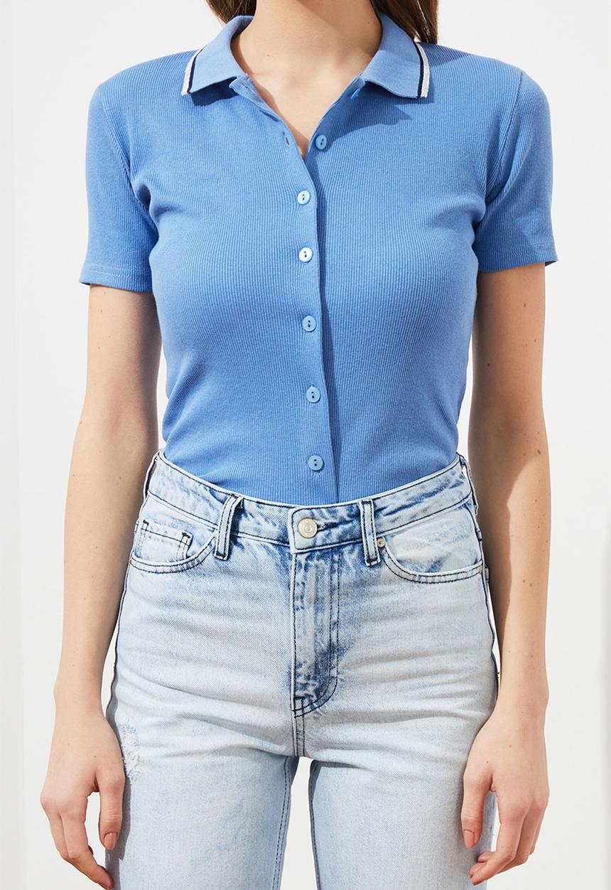 Trendyol - Polo corduroy knitted top  - blue