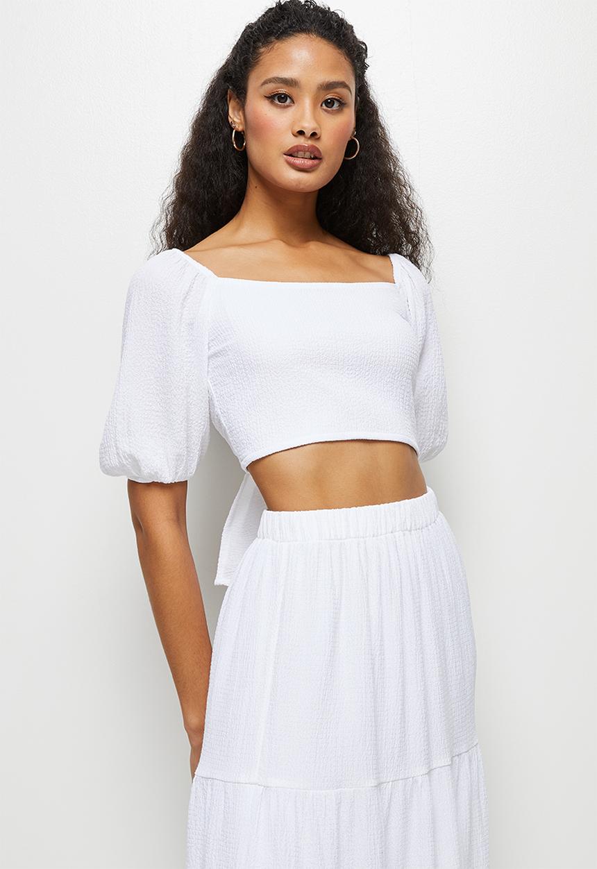 MILLA - Textured tie back crop top - white