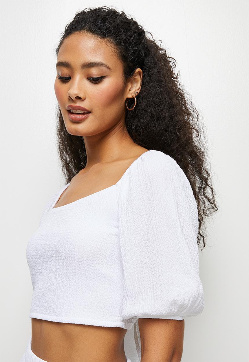 MILLA - Textured tie back crop top - white