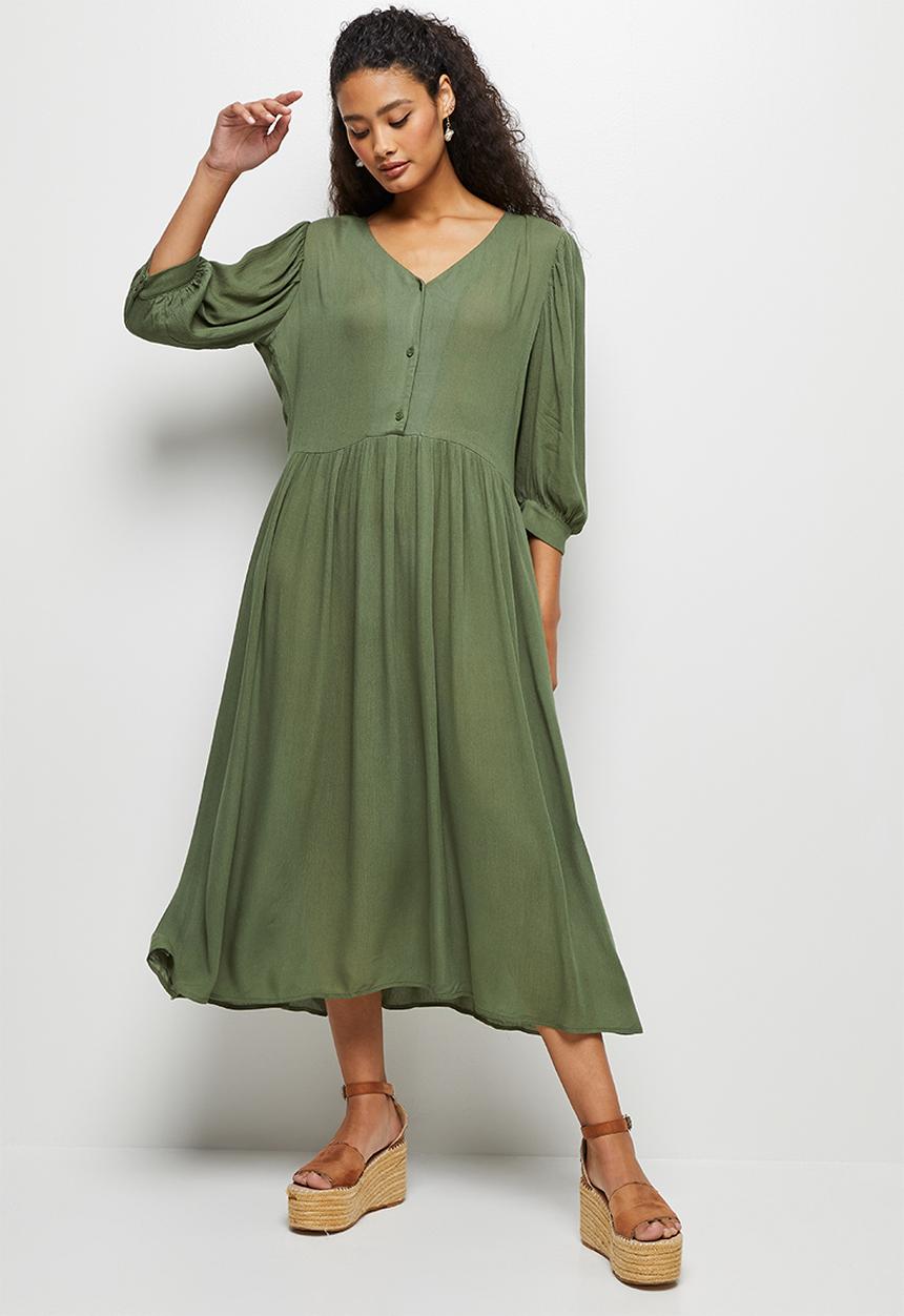 edit - Crinkle balloon slv a-line midi dress - fatigue