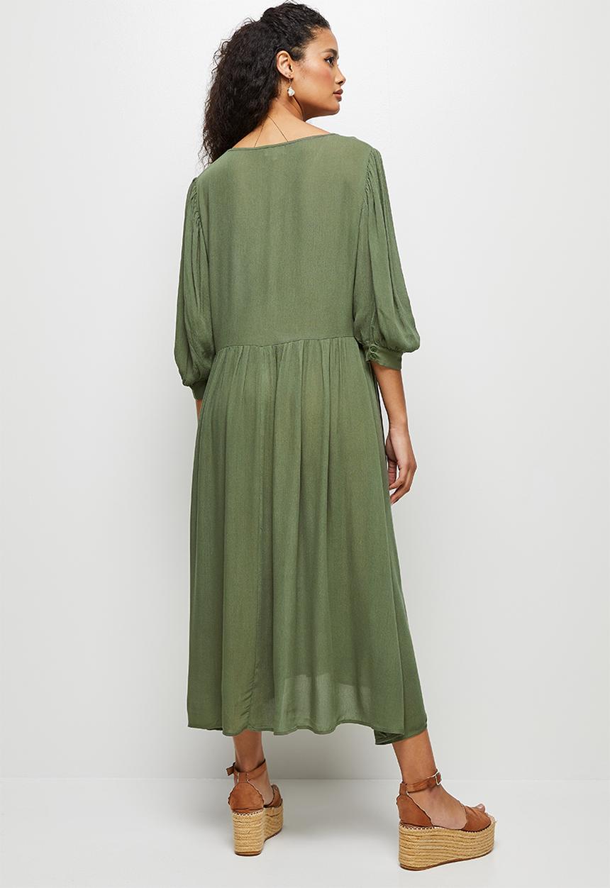 edit - Crinkle balloon slv a-line midi dress - fatigue