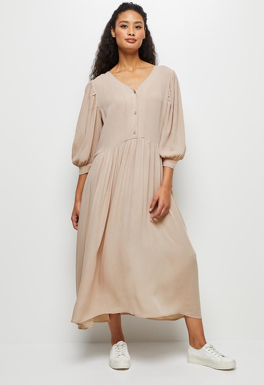 edit - Crinkle balloon slv a-line midi dress - taupe