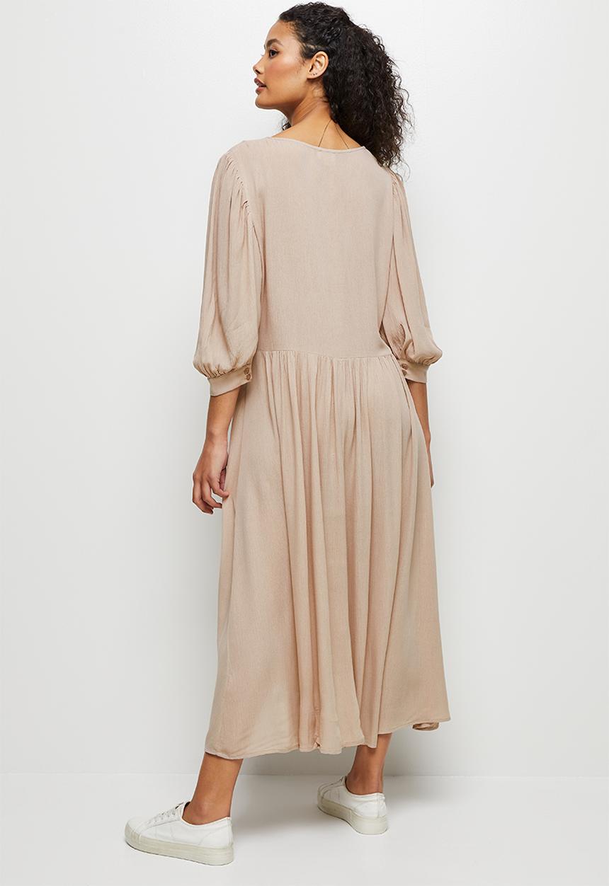 edit - Crinkle balloon slv a-line midi dress - taupe