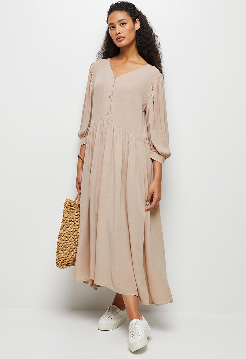 edit - Crinkle balloon slv a-line midi dress - taupe