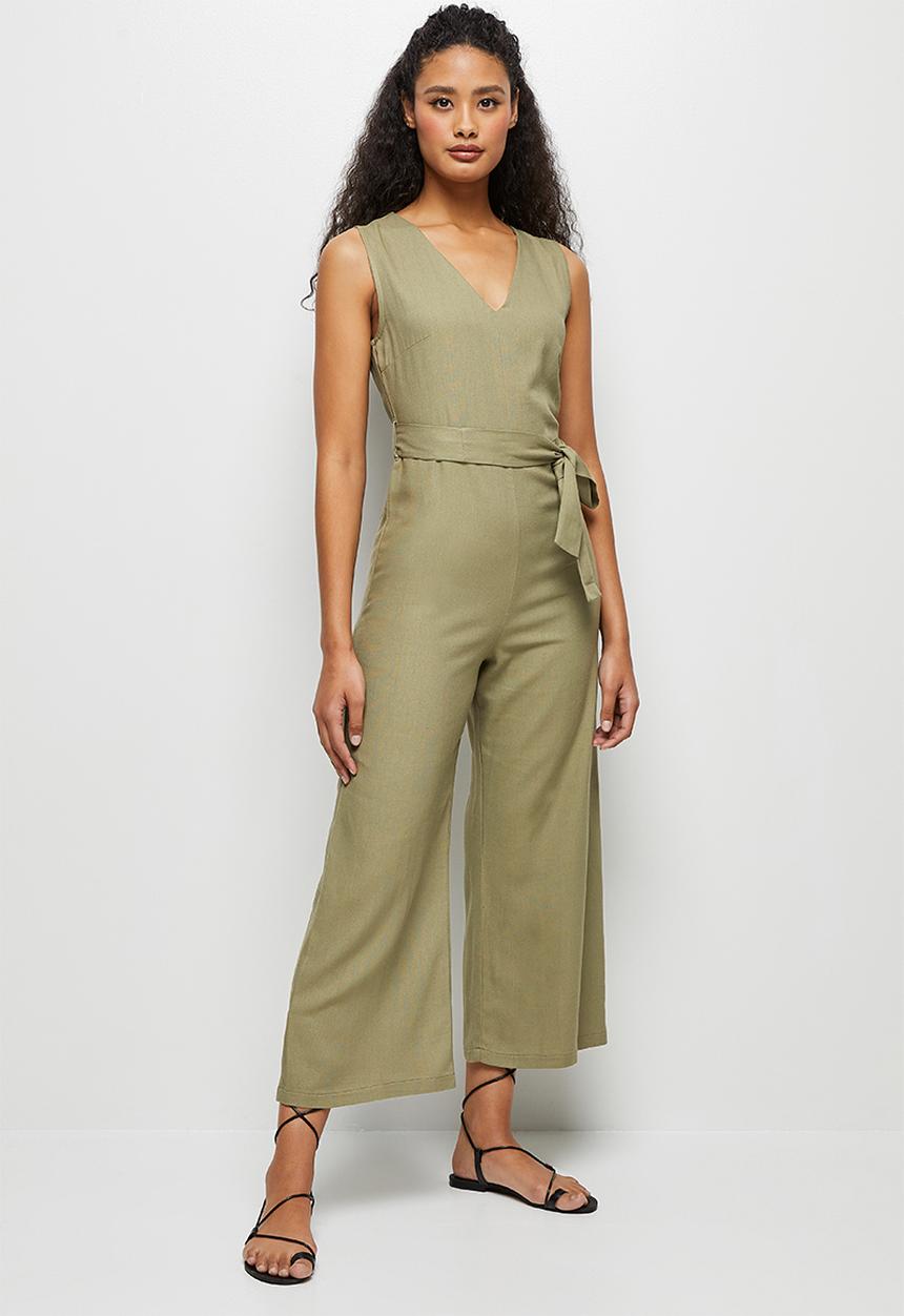 edit - Linen v-neck loose jumpsuit - khaki