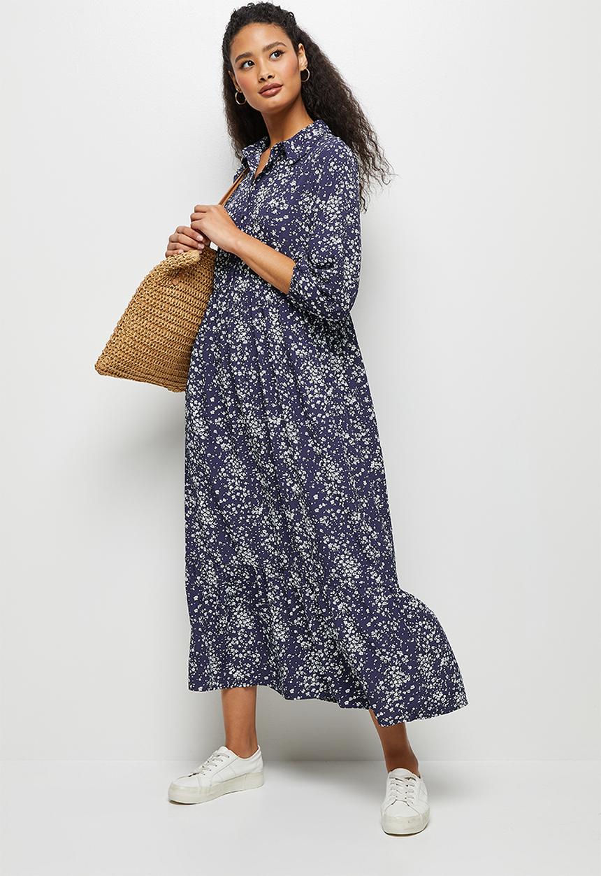 edit - Tiered shirt midi - navy & white 