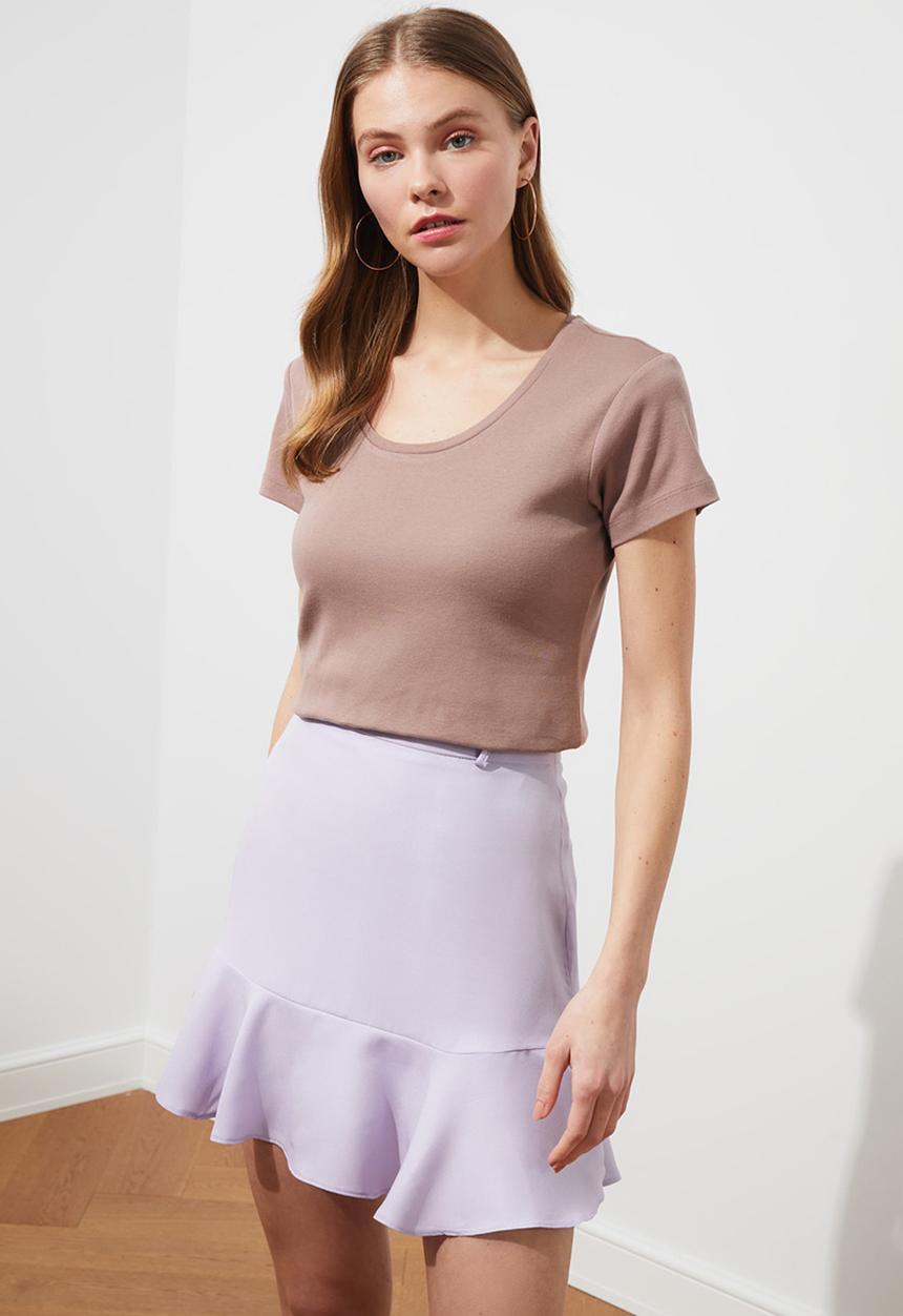 Trendyol - 100% cotton rib pool collar basic knitted t-shirt - mink