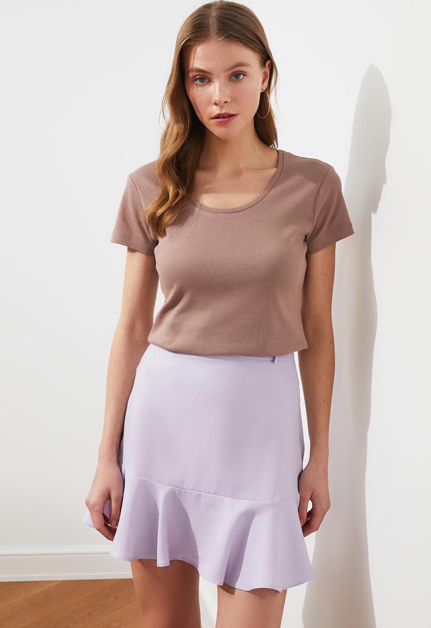 Trendyol - 100% cotton rib pool collar basic knitted t-shirt - mink