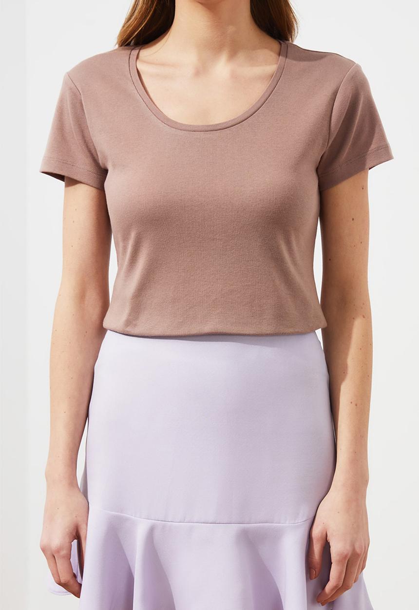 Trendyol - 100% cotton rib pool collar basic knitted t-shirt - mink