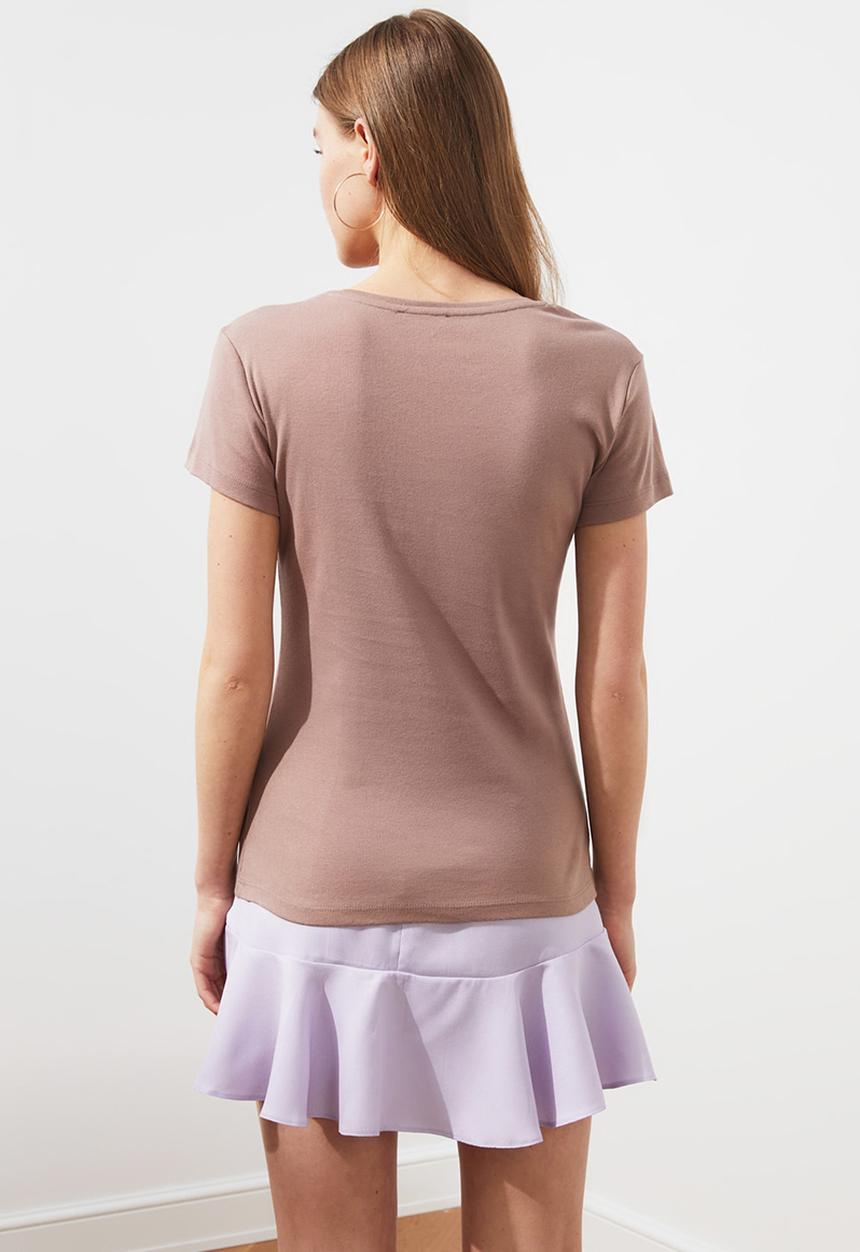Trendyol - 100% cotton rib pool collar basic knitted t-shirt - mink
