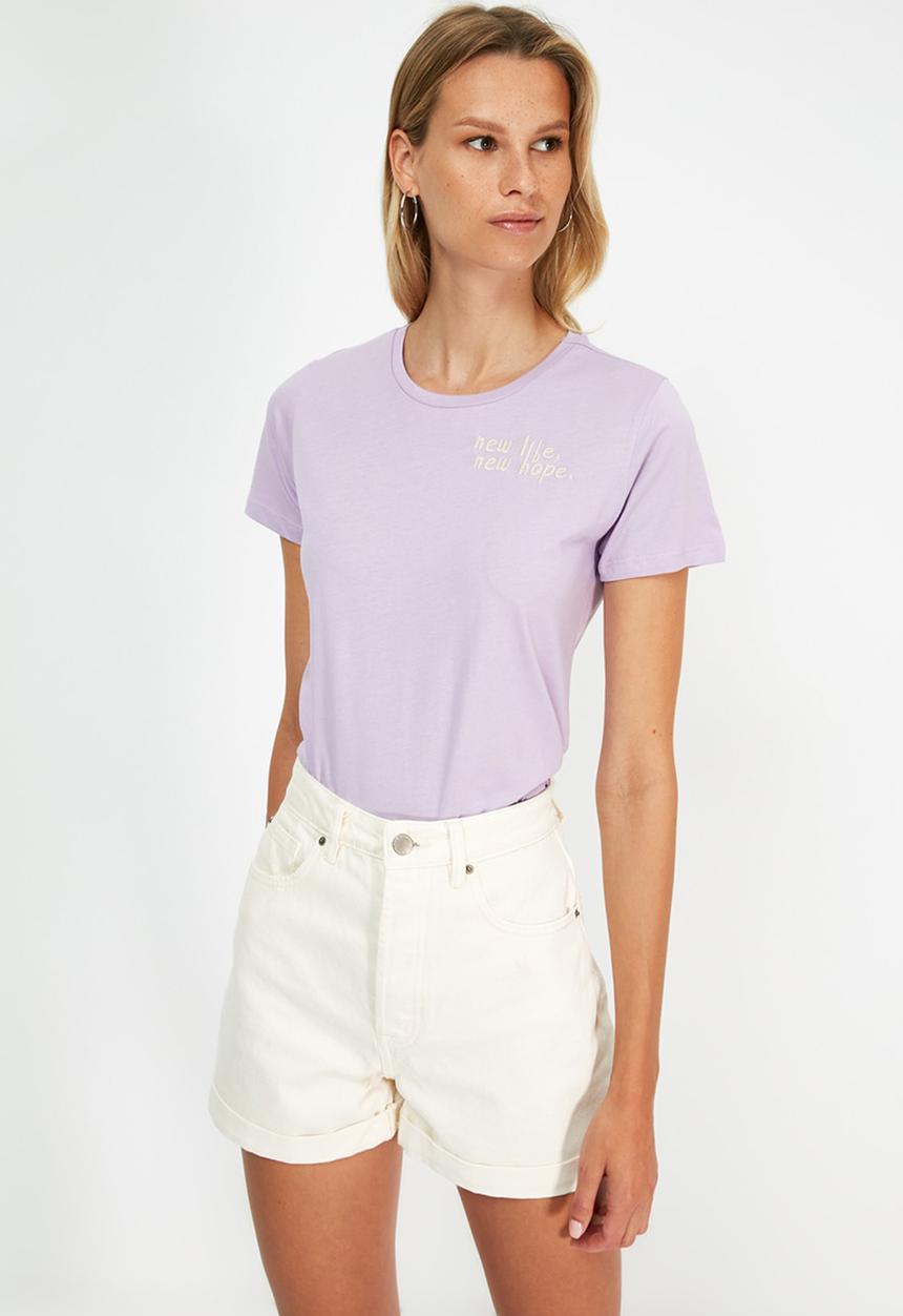 Trendyol - Embroidered basic knitted T-shirt - purple