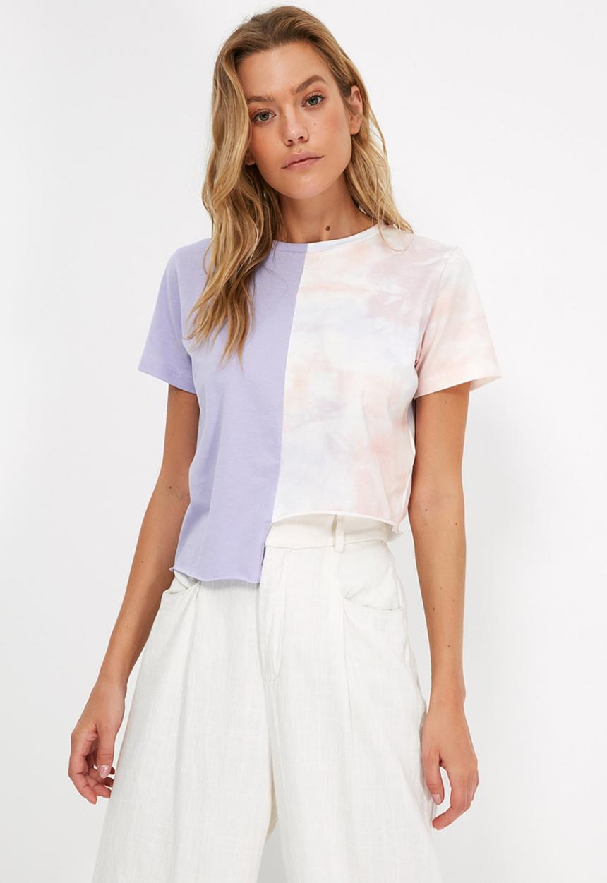 Trendyol - Tie dye block crop knitted T-shirt - lilac