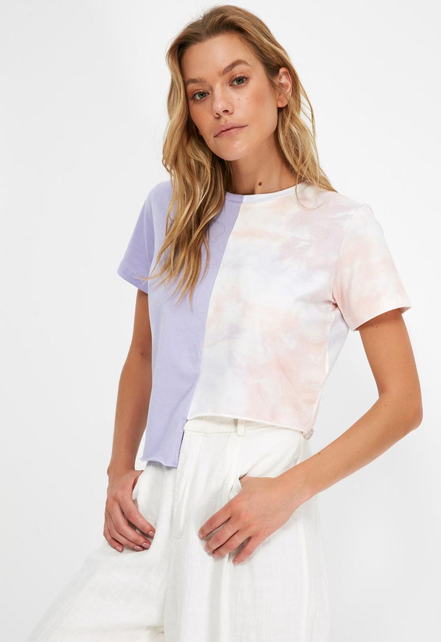 Trendyol - Tie dye block crop knitted T-shirt - lilac