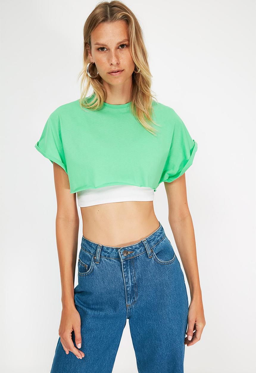 Trendyol - Super crop knitted T-shirt - green