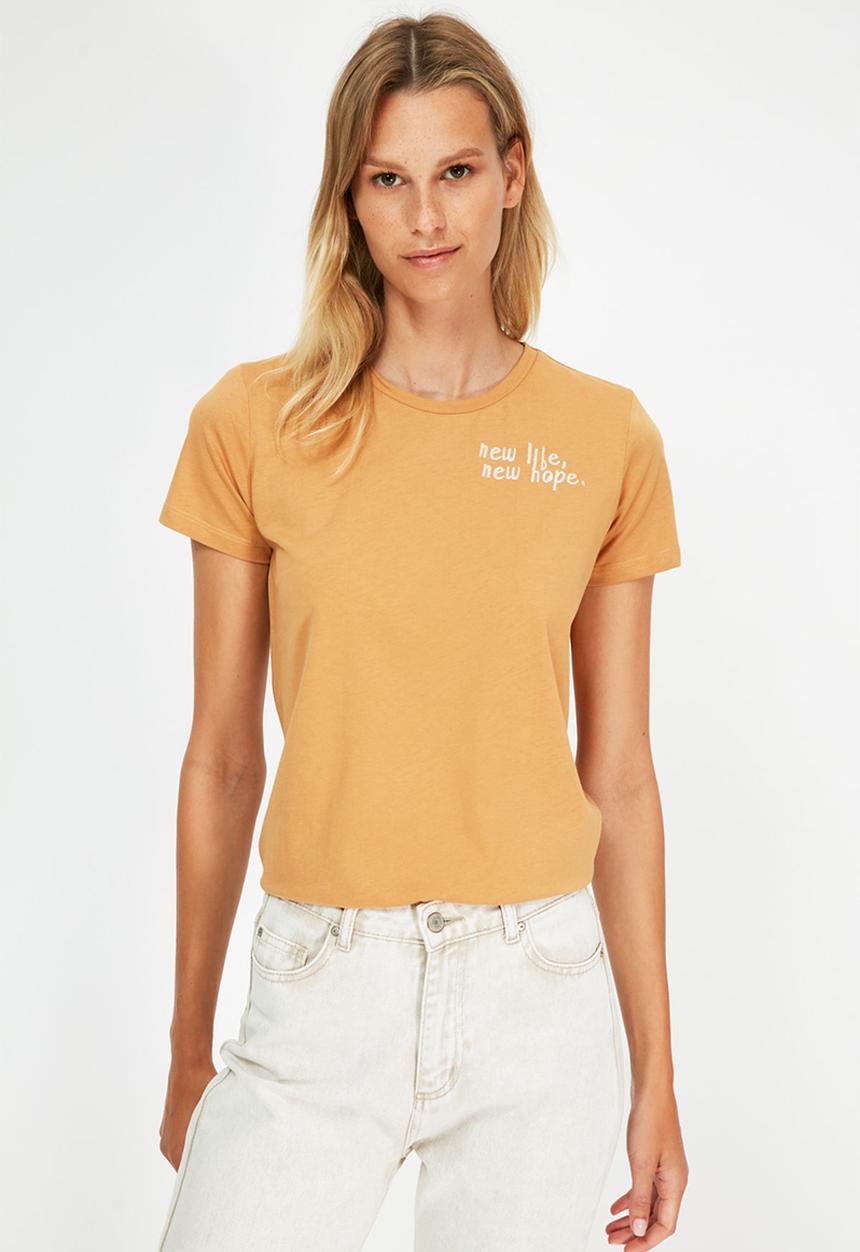 Trendyol - 100% Organic cotton embroidered basic knitted T-shirt - cinnamon