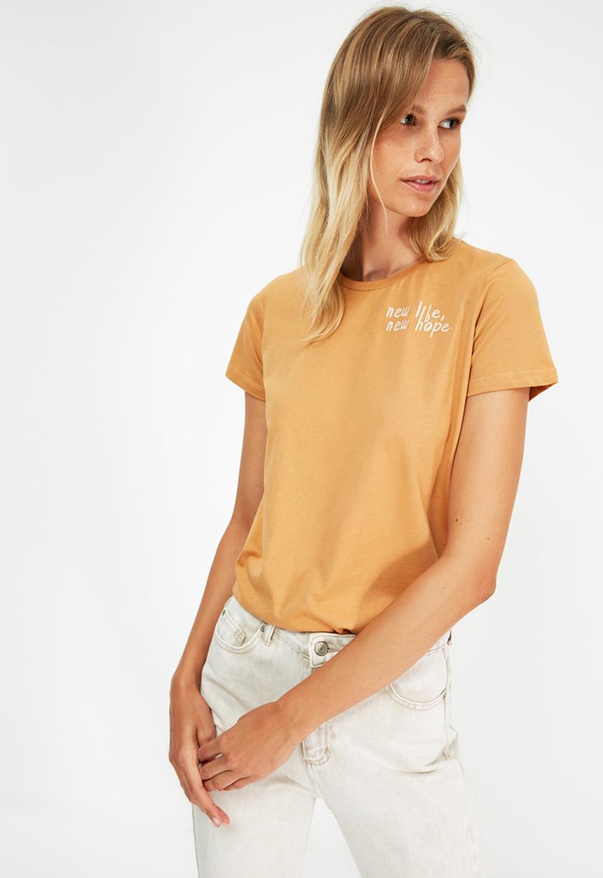 Trendyol - 100% Organic cotton embroidered basic knitted T-shirt - cinnamon