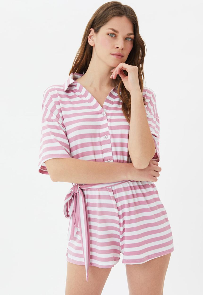 Trendyol - Striped knitted playsuit - pink & white 