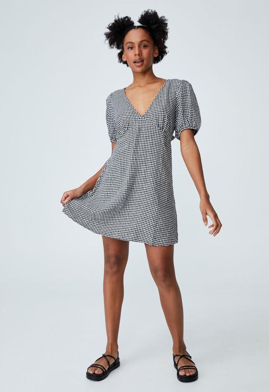 Cotton On - Woven edie v-neck mini dress - kayla micro gingham black