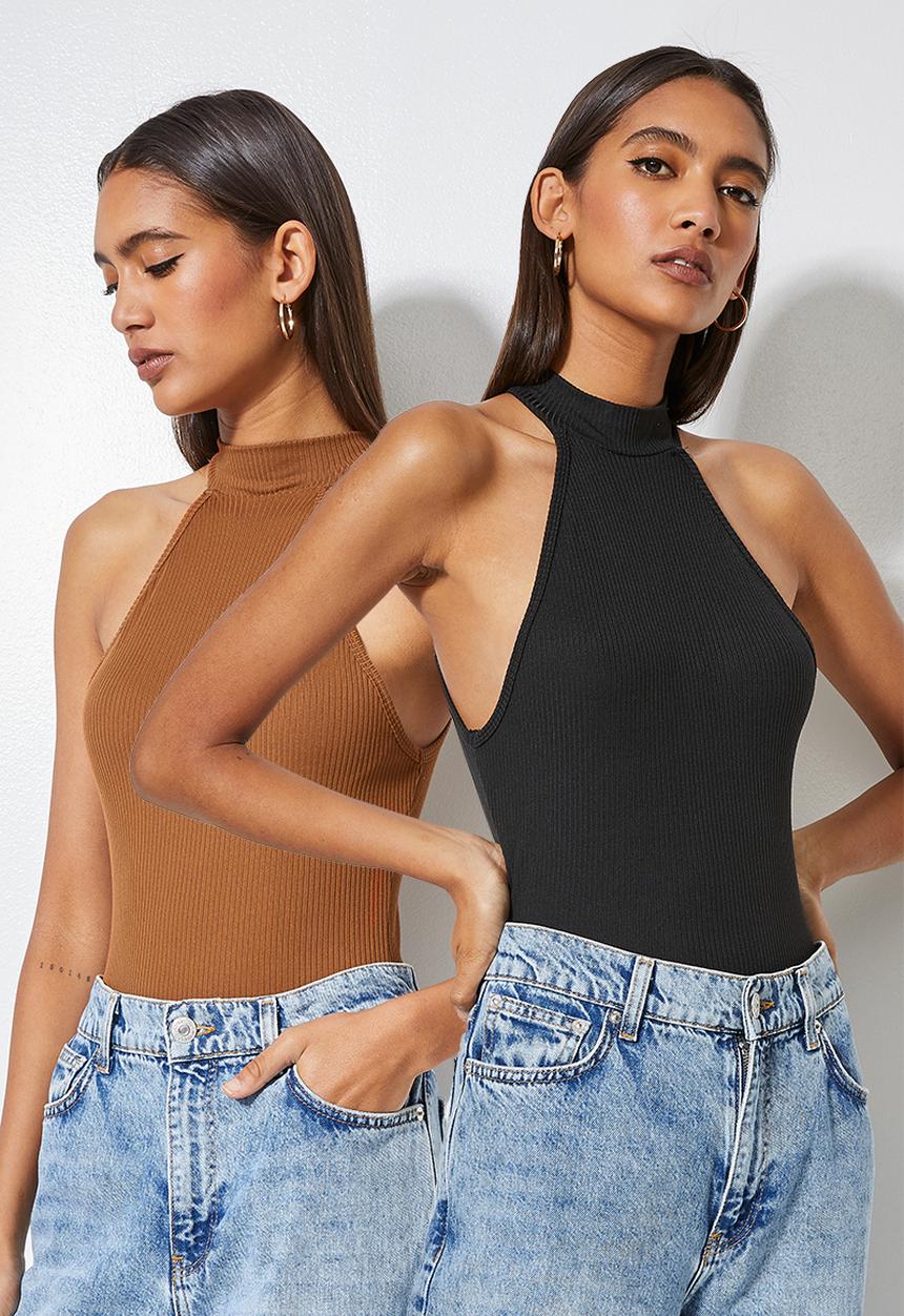 Superbalist - 2 Pack funnel neck cutaway bodysuit - tobacco & black
