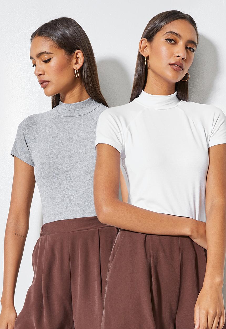 Superbalist - 2 Pack raglan sleeve funnel neck tee - white & grey melange