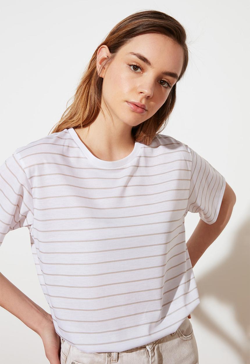 Trendyol - Boyfriend striped t-shirt - beige
