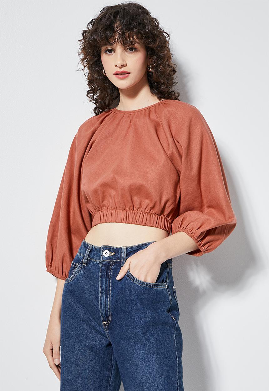 VELVET - Open back elasticated hem blouse - brick