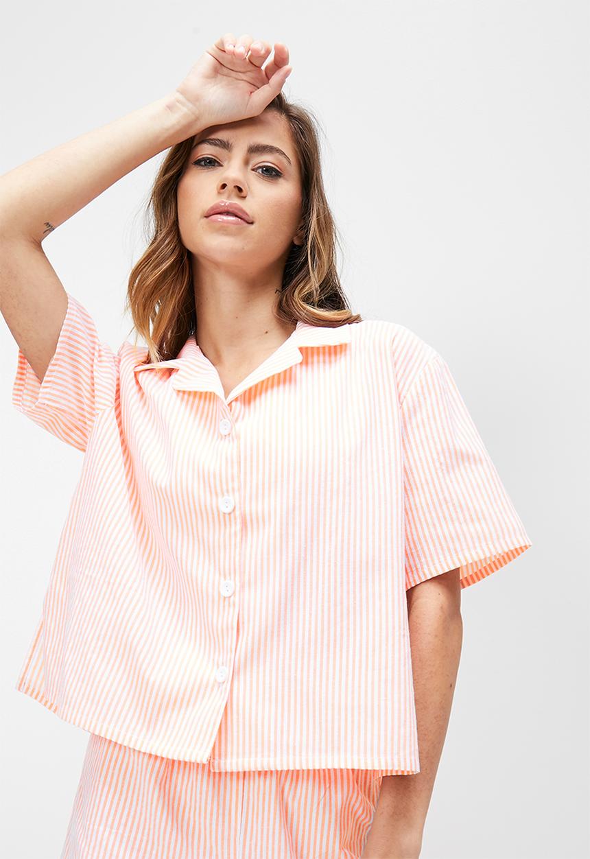 Blake - Printed button down sleep set - peach & white 