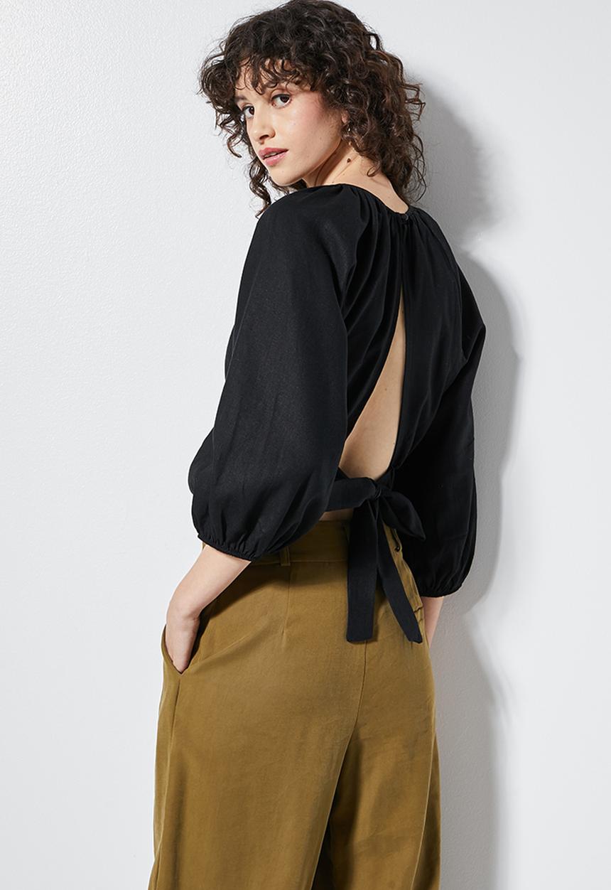 VELVET - Open back elasticated hem blouse - black