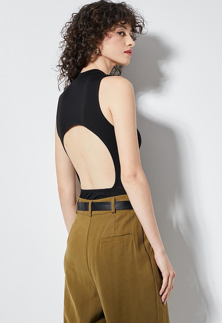 VELVET - Turtleneck bodysuit with cutout back - black