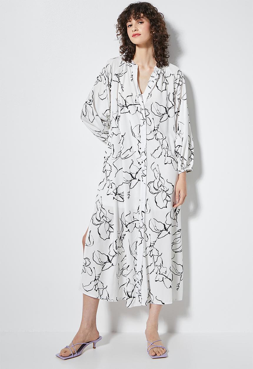VELVET - Button through kaftan midi dress - ivory/black print