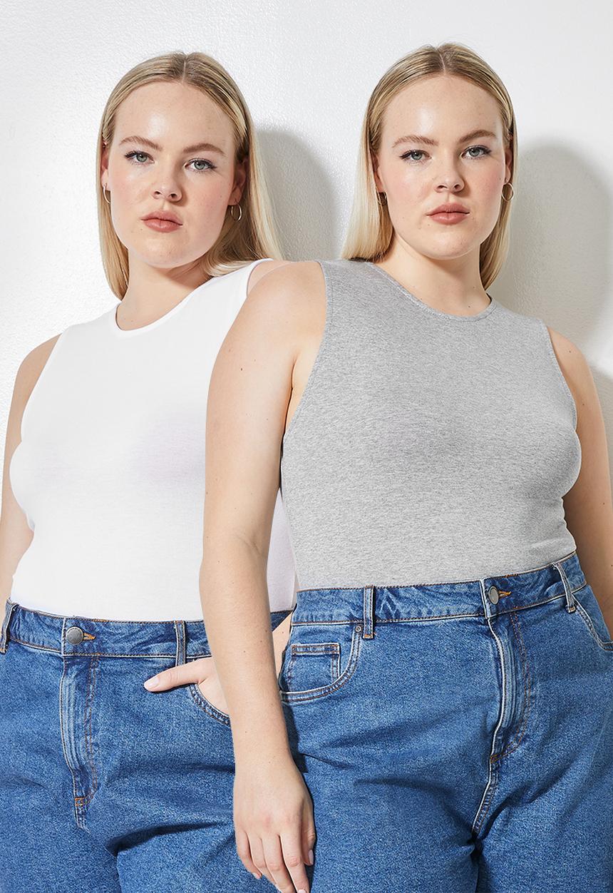 Superbalist - 2 pack crew neck cut away bodysuit - grey melange & white