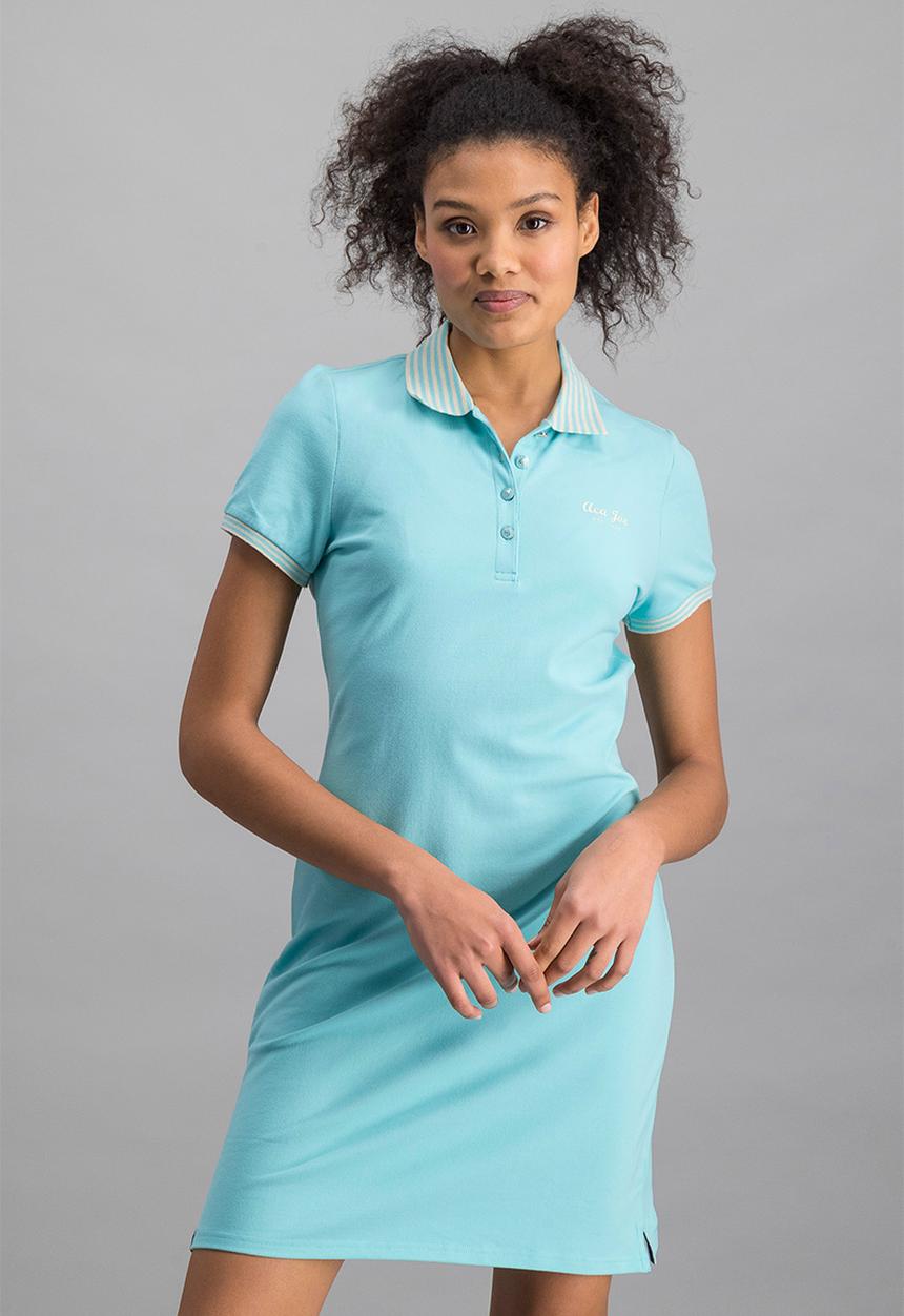 Aca Joe - Ladies aca joe chest emb & striped collar dress - aqua