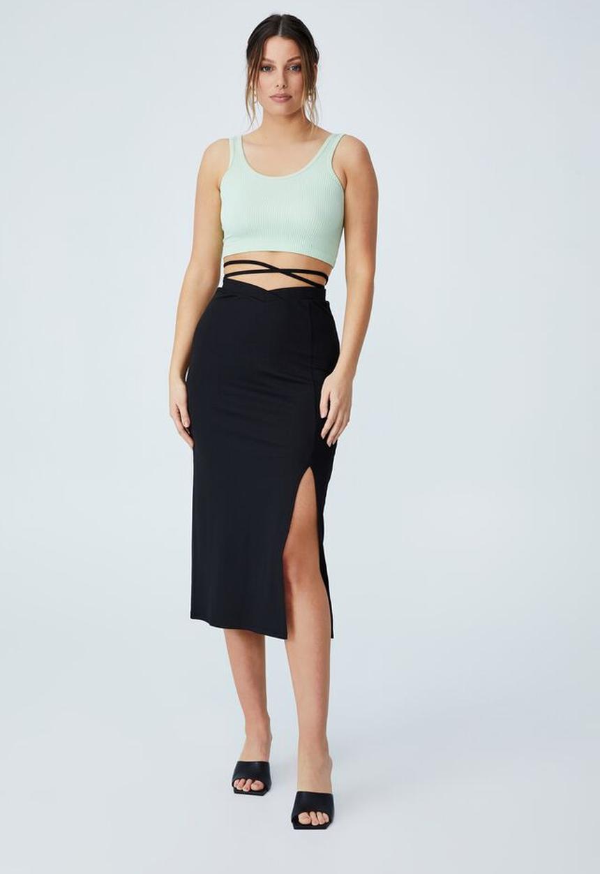 Cotton On - Mira tie up midi skirt - black
