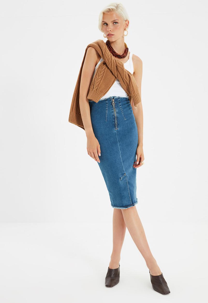 Trendyol - Zip detail denim midi skirt - blue